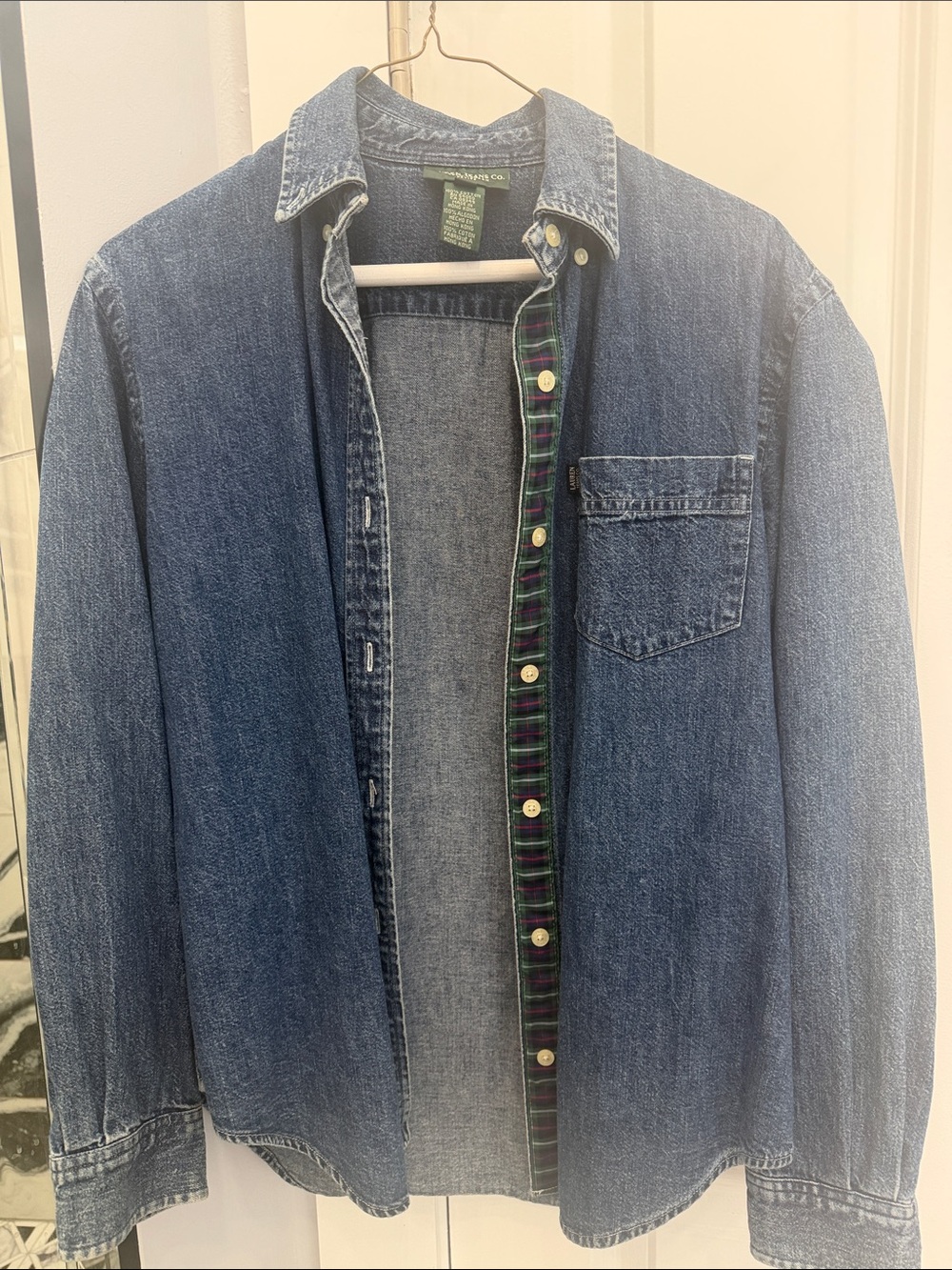 Polo by Ralph Lauren Denim Button-Down Shirt with Green Plaid Trim